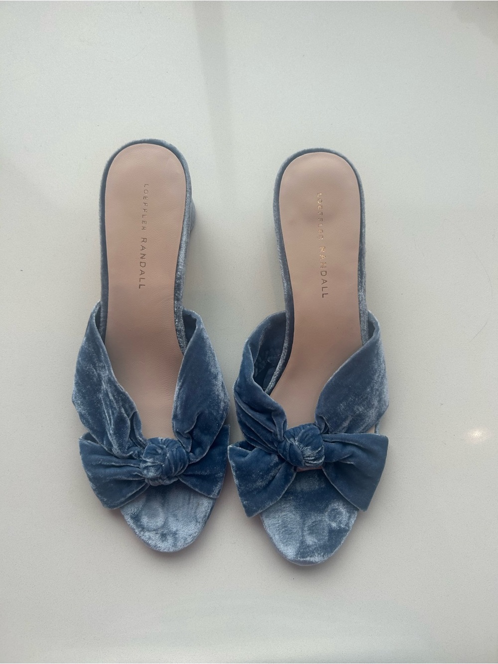 Loeffler Randall Dusty Blue Velvet Knot Slide Mules